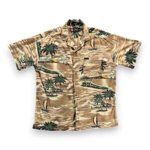 Vintage Chaps Ralph Lauren Hawaiian Shirt Adult LARGE Brown Tropical Scenic Y2K